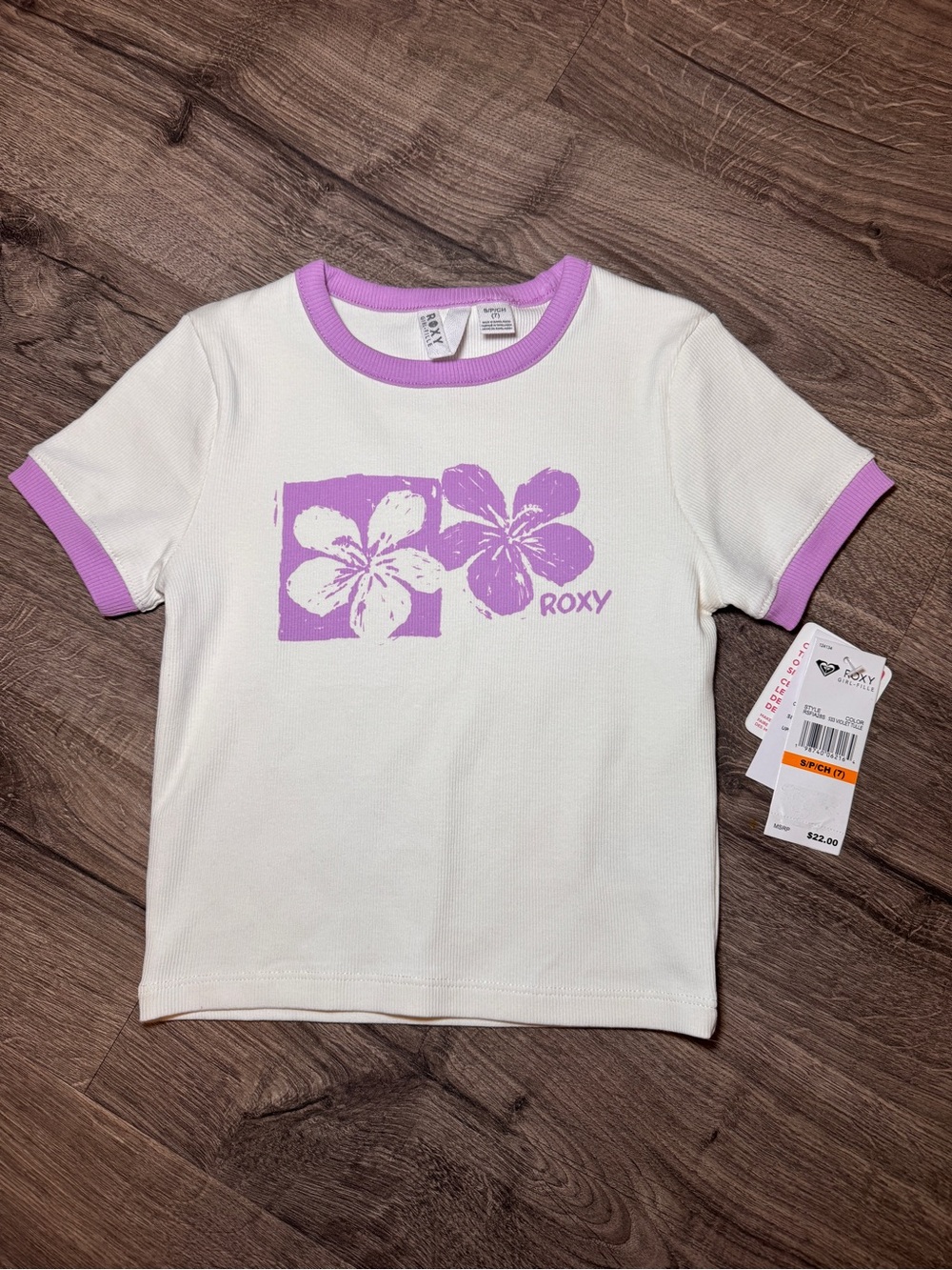 Roxy Girls' White Tee with Lavender Floral Trim NEW